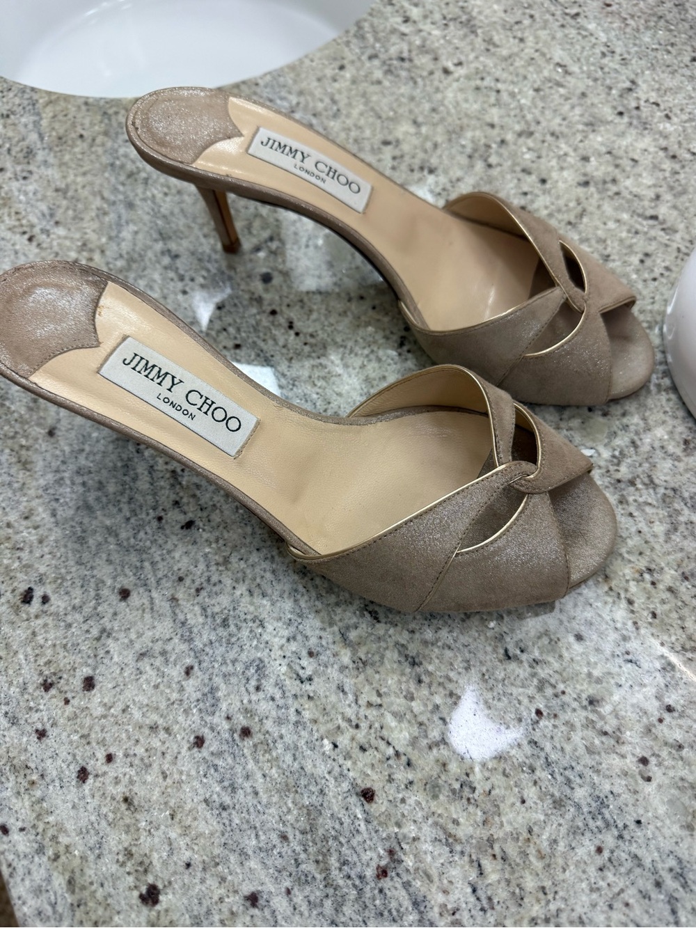 Jimmy Choo Taupe Knot Peep-Toe Mule Heels
